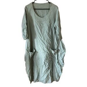 Cut Loose Linen Sage‎ Green Pockets Midi Dress S